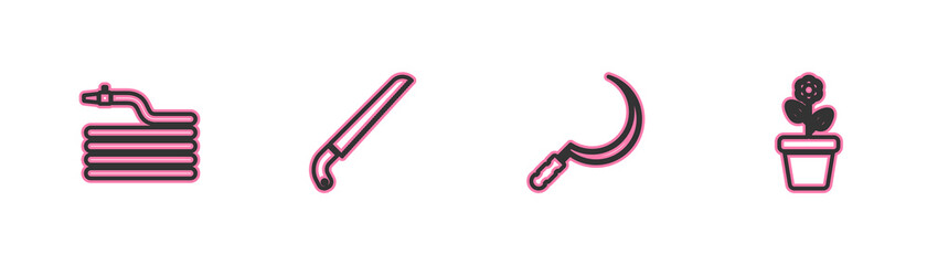 Set line Garden hose or fire hose, Sickle, saw and Flower in pot icon. Vector