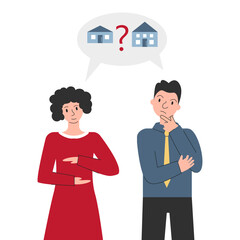 Young couple discussing about house for mortgage isolated on white. Tiny living or downsizing concept. Family thinking to move in smaller cottage home. Minimalist lifestyle. Vector flat illustration