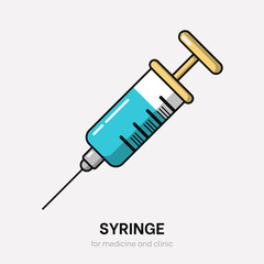 Cartoon syringe vector. Flat colorful injection with thin outlines for clinic. Coronavirus vaccine in syringe. Healthcare vector with needle for medicine and covid. Doctor equipment. Plastic syringe