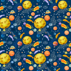 Seamless pattern with space odyssey. Cosmos, planets, spaceships, constellations, eye symbol