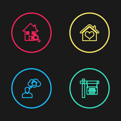 Set line Man dreaming about buying house, Hanging sign with Open, House heart shape and Search icon. Vector