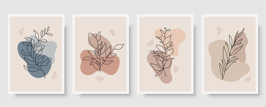 Botanical wall art abstract vector set. Foliage line drawing. Neutral boho art print. Minimal mid century wall art print for bedroom decor. Gallery decor poster, terracota watercolor. Vector poster