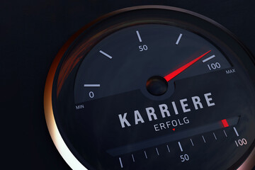 Fototapeta premium Karriere und Erfolg. Symbolisiert durch einen schwarzen Tacho im Auto. Roter Zeiger steigt an.