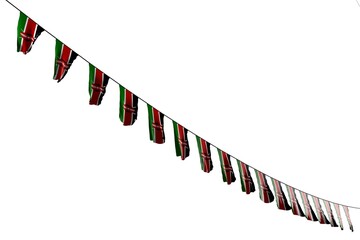 beautiful memorial day flag 3d illustration. - many Kenya flags or banners hangs diagonal on rope isolated on white