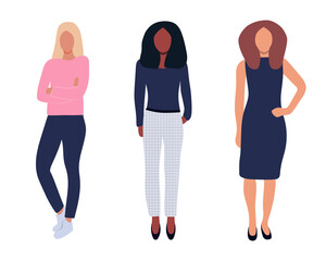 Multinational business team. Vector illustration of diverse women of different races, ages and physiques in office outfits. Isolated on white.