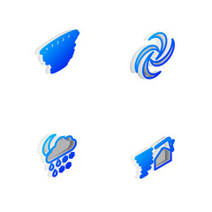 Set Isometric line Tornado, , Cloud with snow, rain, moon and swirl icon. Vector