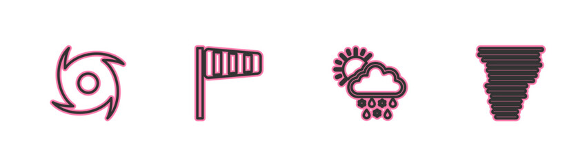 Set line Tornado, Cloud with snow, rain, sun, Cone windsock wind vane and icon. Vector