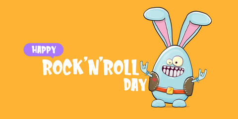 World rock n roll day horizontal banner with funny cartoon rock star rabbit character isolated on orange background. Rock n roll poster