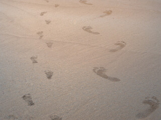 The footprints of the children and their mothers are on the sand beach. - 427039382