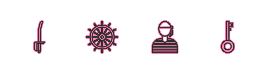 Obraz premium Set line Pirate sword, Sailor captain, Ship steering wheel and key icon. Vector