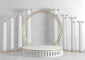 3d rendering. Modern minimalistic mock up gold podium abstract cylinder display.