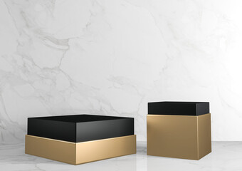 black and gold Square rectangle Pedestal white for cosmetic product on background granite white. 3d rendering