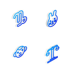 Set Isometric line Rabbit zodiac, Capricorn, Monkey and Libra icon. Vector