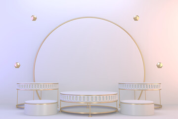 Modern pedestal white and gold for the presentation of cosmetic products. 3D rendering