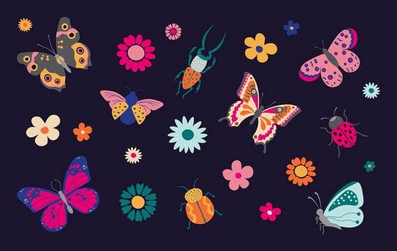9 Butterflies and bugs. Spring and summer cartoon insects, colorful butterfly and ladybug with flowers. Vector isolated set