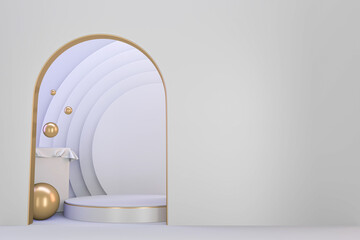 Modern pedestal white and gold for the presentation of cosmetic products. 3D rendering