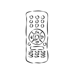 Hand remote control. Multimedia panel with shift buttons. Program device. Wireless console. Sketch of universal electronic controller. Hand drawn illustration on white background in engraving style