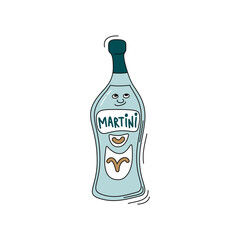 Martini with smile on white background. Cartoon sketch graphic design. Doodle style with black contour line. Cute hand drawn bottle. Party drinks concept. Freehand drawing style