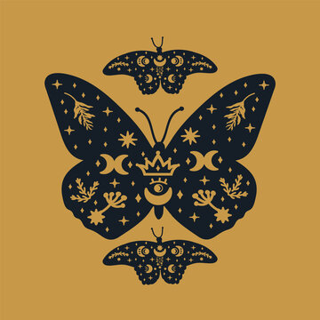Moths on a golden background. The scrawl depicted winged, soaring dark butterflies. Mystical wings with moths for a postcard. Vector illustration