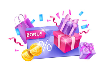 Customer loyalty program, vector bonus gift card illustration, present boxes, shopping bags, coins. Online reward, client discount, cashback concept isolated on white. Loyalty program e-commerce sale