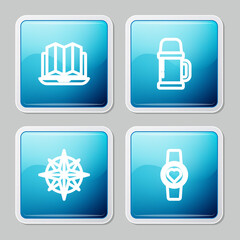 Set line Location of the forest in laptop, Thermos container, Wind rose and Smart watch showing heart beat rate icon. Vector