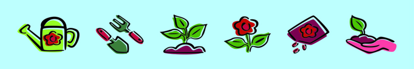 set of gardening cartoon icon design template with various models. vector illustration isolated on blue background