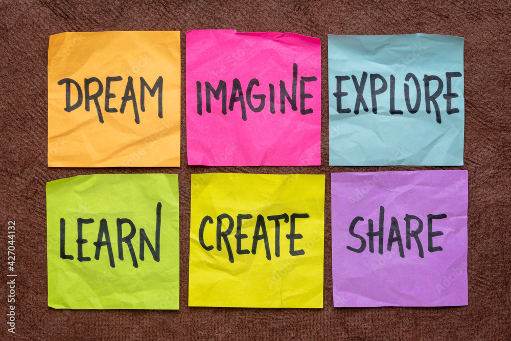 Canvas Prints dream, imagine, explore, learn, create, and share - set of sticky notes with inspirational words, bu