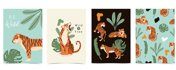 Fototapeta na wymiar animal background collection with tiger, leaf,jungle. illustration for banner,postcard,invitation