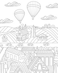Fototapeta premium cute town with fields beyond and hot air balloons in the sky for