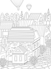 Obraz premium funny cityscape with cute cottages, flowering trees, cobblestone