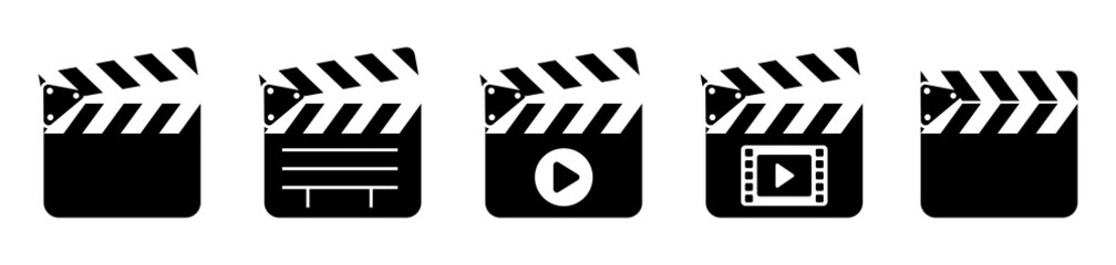 Clap board icons set. Open and closed movie film icon. Filmmaking signs isolated on white background. Vector illustration.