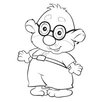 sketch of a character of a bear wearing glasses and trousers, coloring book, isolated object on a white background, vector illustration, cartoon illustration,