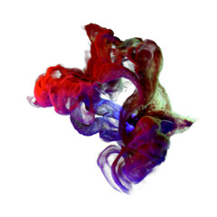 3D render Clouds of isolated colored smoke: blue, red, orange, pink scrolling on white background in dark close up.