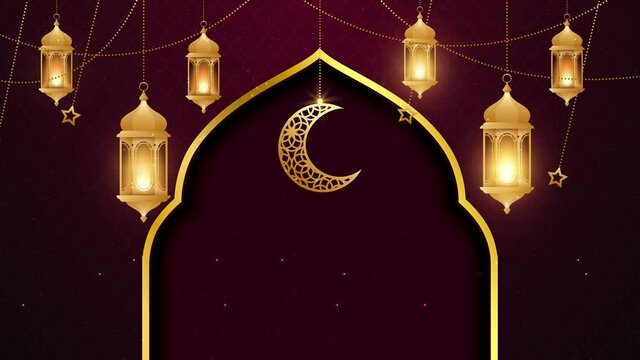 Happy eid greeting motion design animation. Beautiful 4k eid mubarak islamic design concept with hanging ramadan candle lantern and mosque.