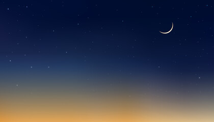 Naklejka na ściany i meble Night Sky with Crescent Moon and Star, Landscape Dramatic Dark Blue,Orange and yellow Sky, Dusk Sky and Twilight,Vector religions symbolic of Islamic or Muslim for Ramadan Kareem, Eid Mubarak banner