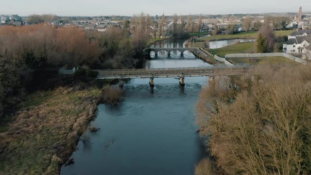 Aerial footage over the River Barrow that leads into Athy town centre.