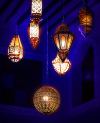 Lantern decor. Ramadan Kareem concept. Dark background. Selective focus.
