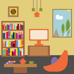 Cozy living room, flat design vector illustration in scandinavian style.