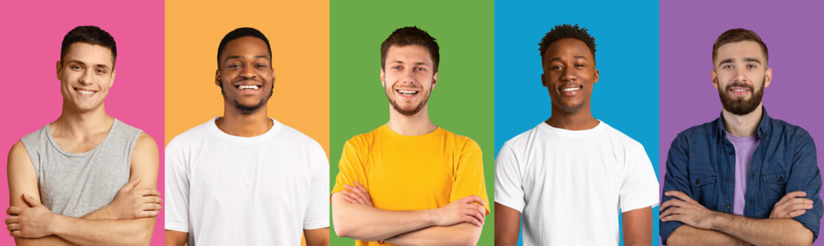 Composite set of smiling diverse multicultural men
