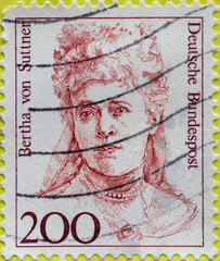 GERMANY - CIRCA 1991 : a postage stamp from Germany, showing a woman from German history the Austrian pacifist, peace researcher and writer Bertha von Suttner