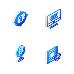 Set Isometric line Monitor with 8k, Old film movie countdown frame, Microphone and Play Video icon. Vector