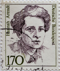 GERMANY - CIRCA 1988 : a postage stamp from Germany, showing a woman from German history the political theorist and publicist Hannah Arendt