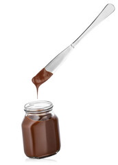 glass jar with chocolate cream isolated on white