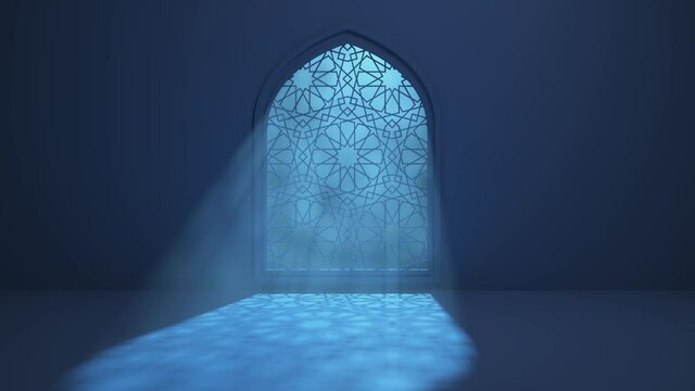 Moon light shine through the window into islamic mosque interior. Ramadan Kareem islamic motion background. 3d animation.