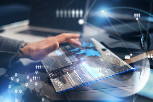 Male hands with futuristic transparent digital tablet. Modern businessman working remotely. Double exposure, global network concept