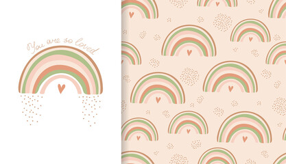 Set cute poster and seamless pattern with rainbow, heart. Collection in hand drawn style in pastel colors for kids clothing, textiles, children's room design. Vector illustration - 427050386