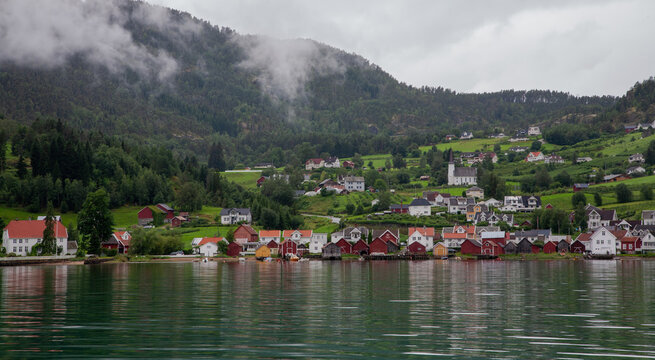 View of the village Solvorn in Norway. This little village is near the Urnes Stave Church, and can be reached via a ferry.