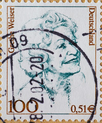 GERMANY - CIRCA 2000 : a postage stamp from Germany, showing a woman from German history  the stage and film actress Grethe Weiser