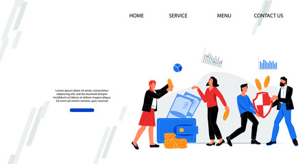 Money savings, secured transactions and payments protection, insurance website banner template with business people characters. Secure payment and bank account protection, flat vector.