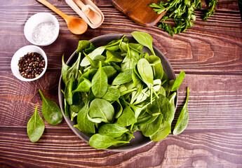 spinach in the bowl on the dark wooden background